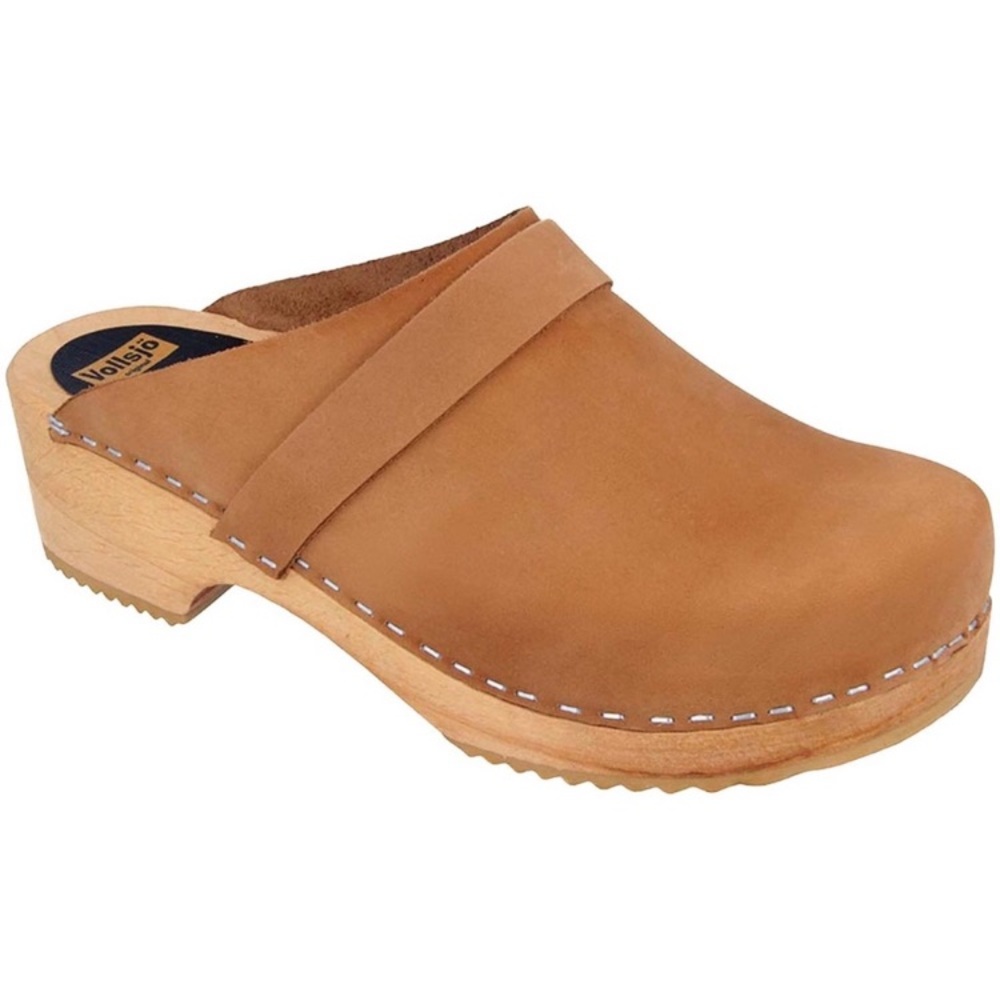 Vollsjo Swedish Brown Camel Suede Leather Wooden Clogs Slip On Mules Retro Boho